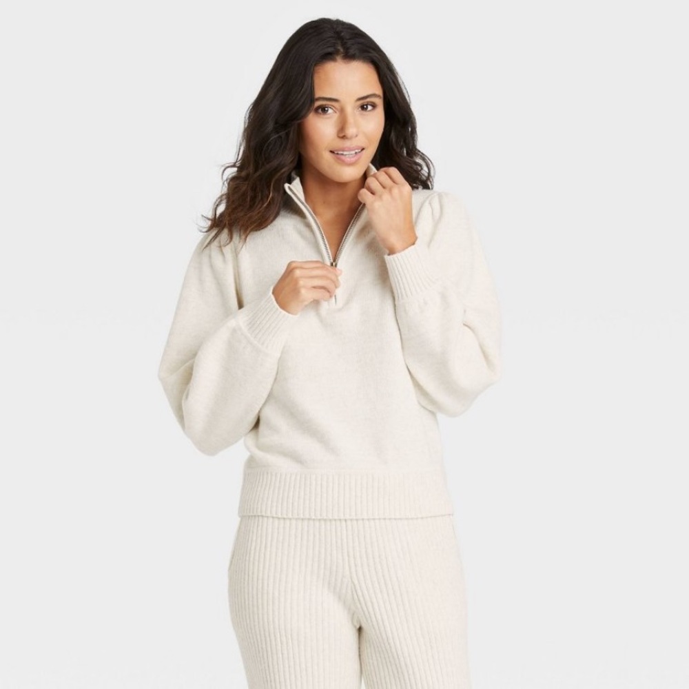 Universal Thread Quarter Zip Mock Turtleneck Pull Over Sweater in Cream Size L